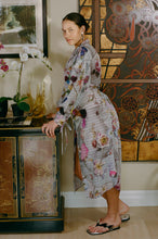Load image into Gallery viewer, polyester grey floral button down over coat dress