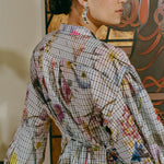 polyester grey floral button down over coat dress