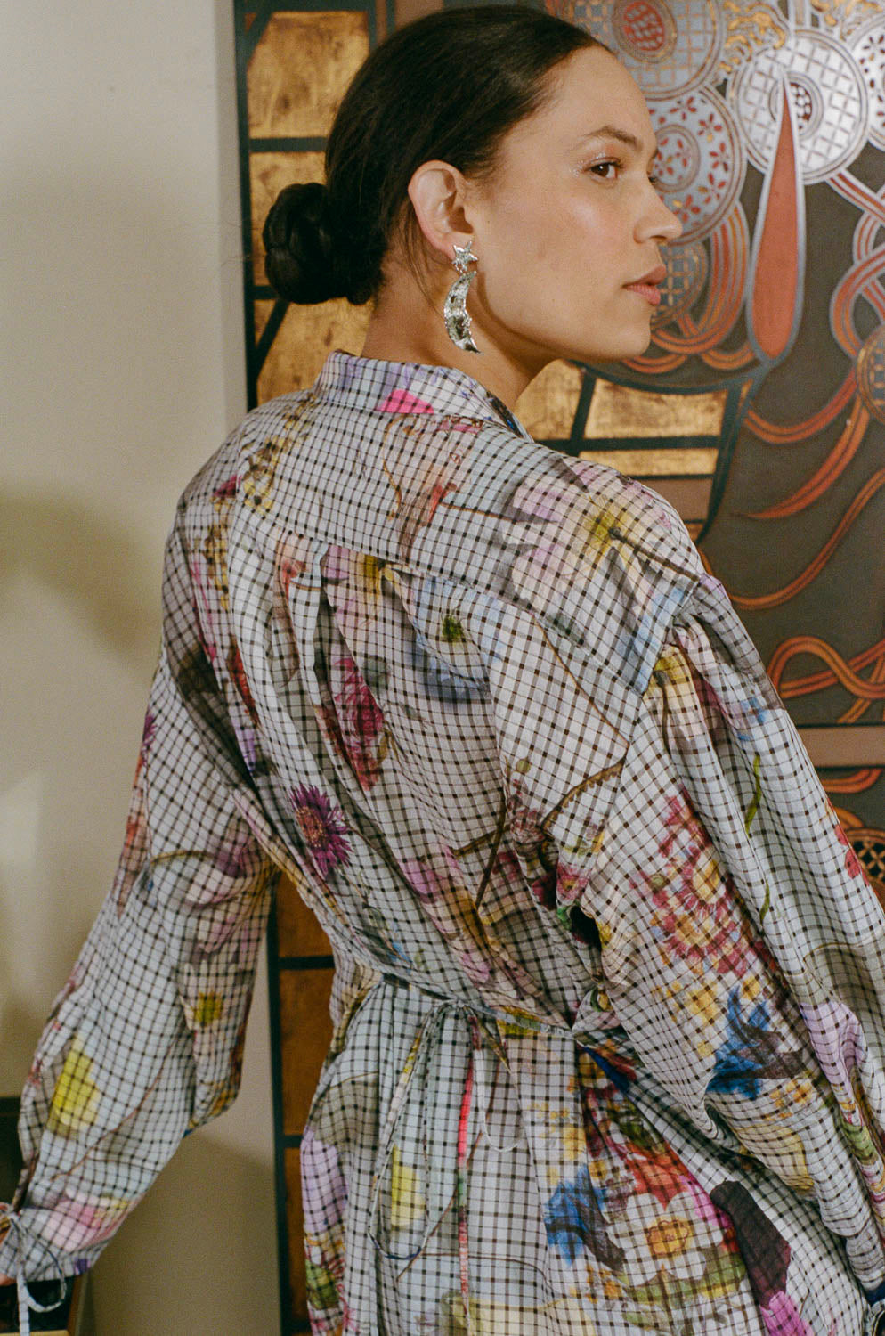 polyester grey floral button down over coat dress