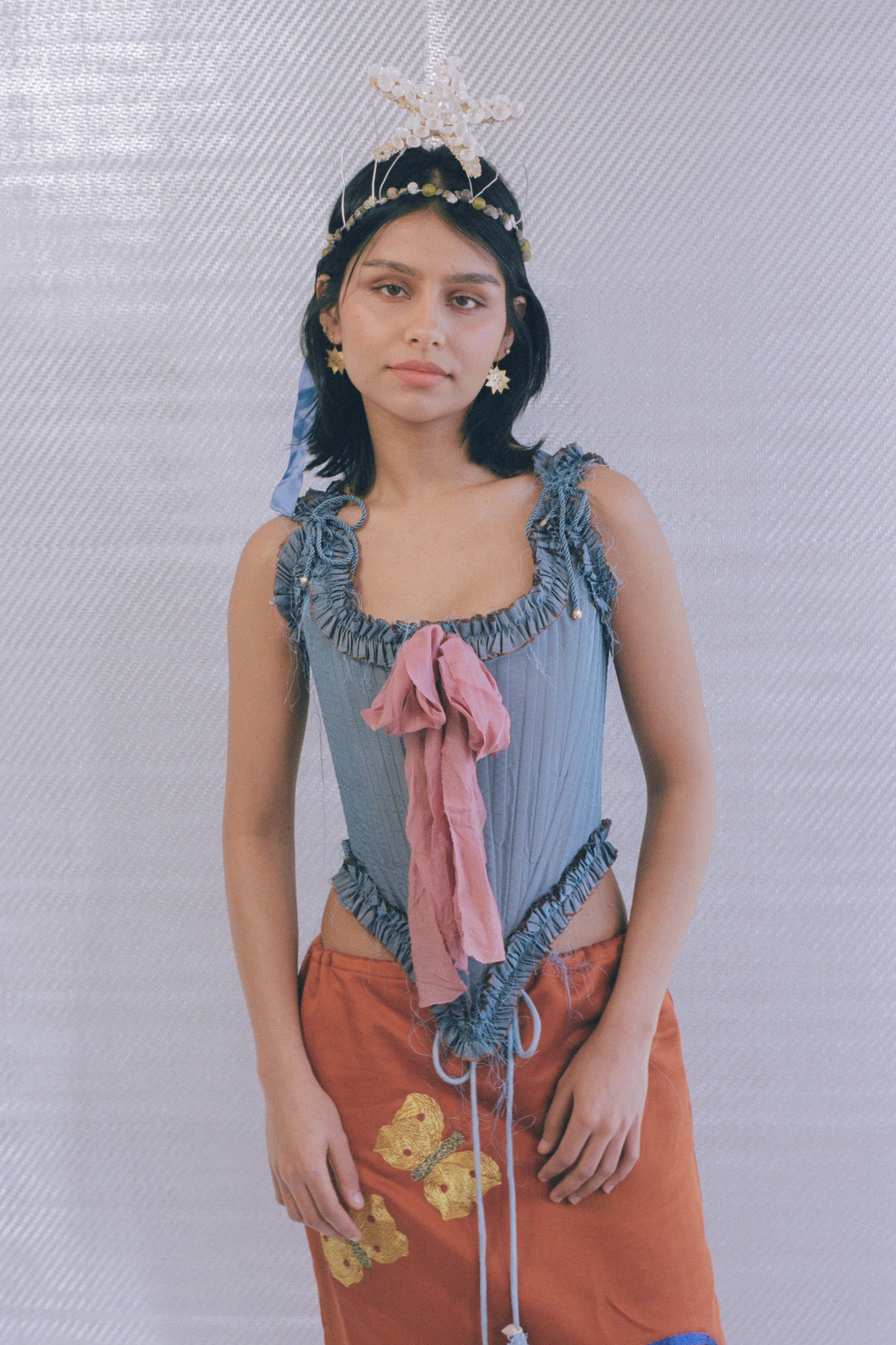 romantic blue silk opera corset with pink bow