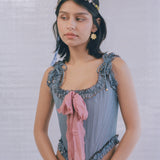 romantic blue silk opera corset with pink bow