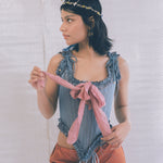 romantic blue silk opera corset with pink bow