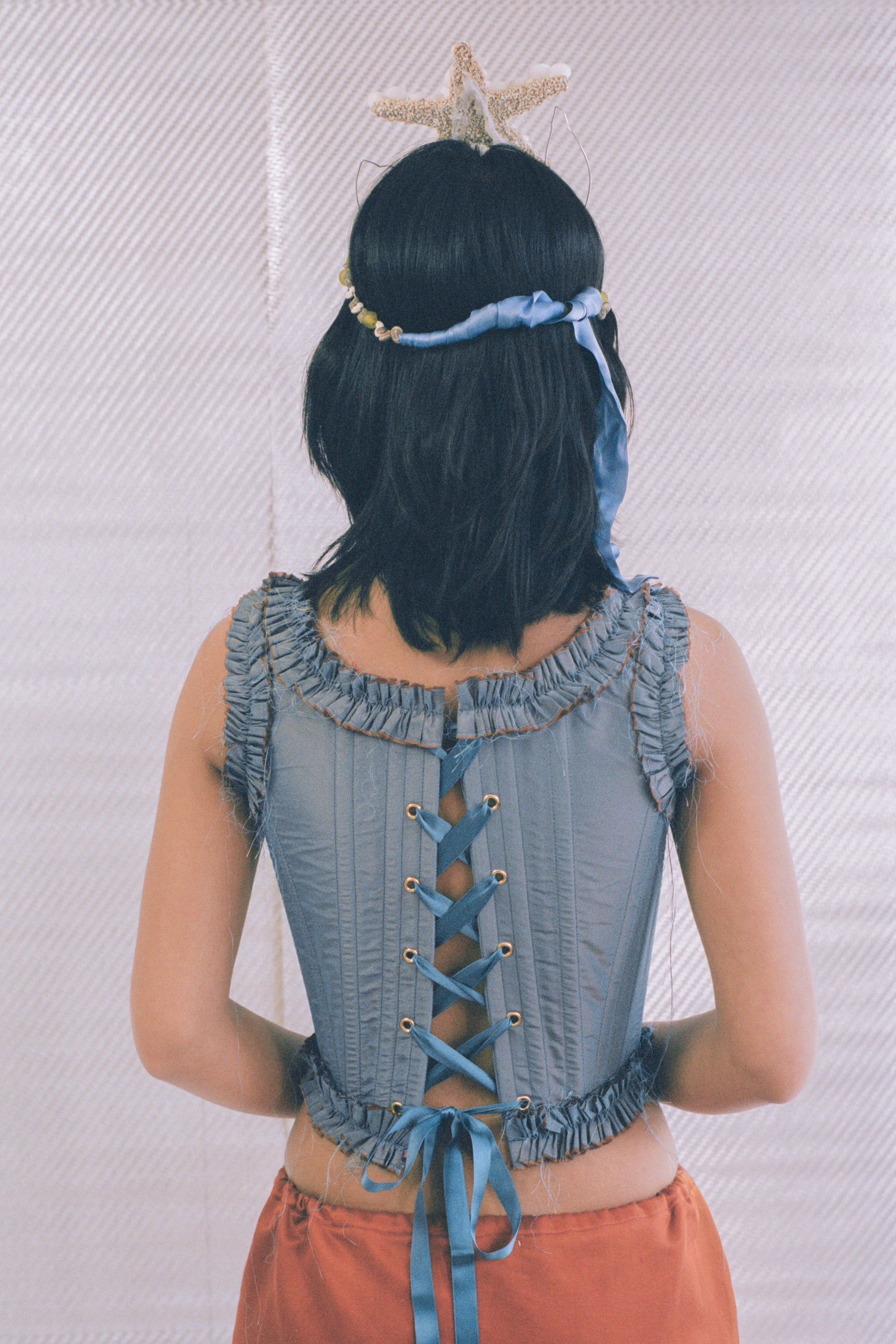 romantic blue silk opera corset with pink bow