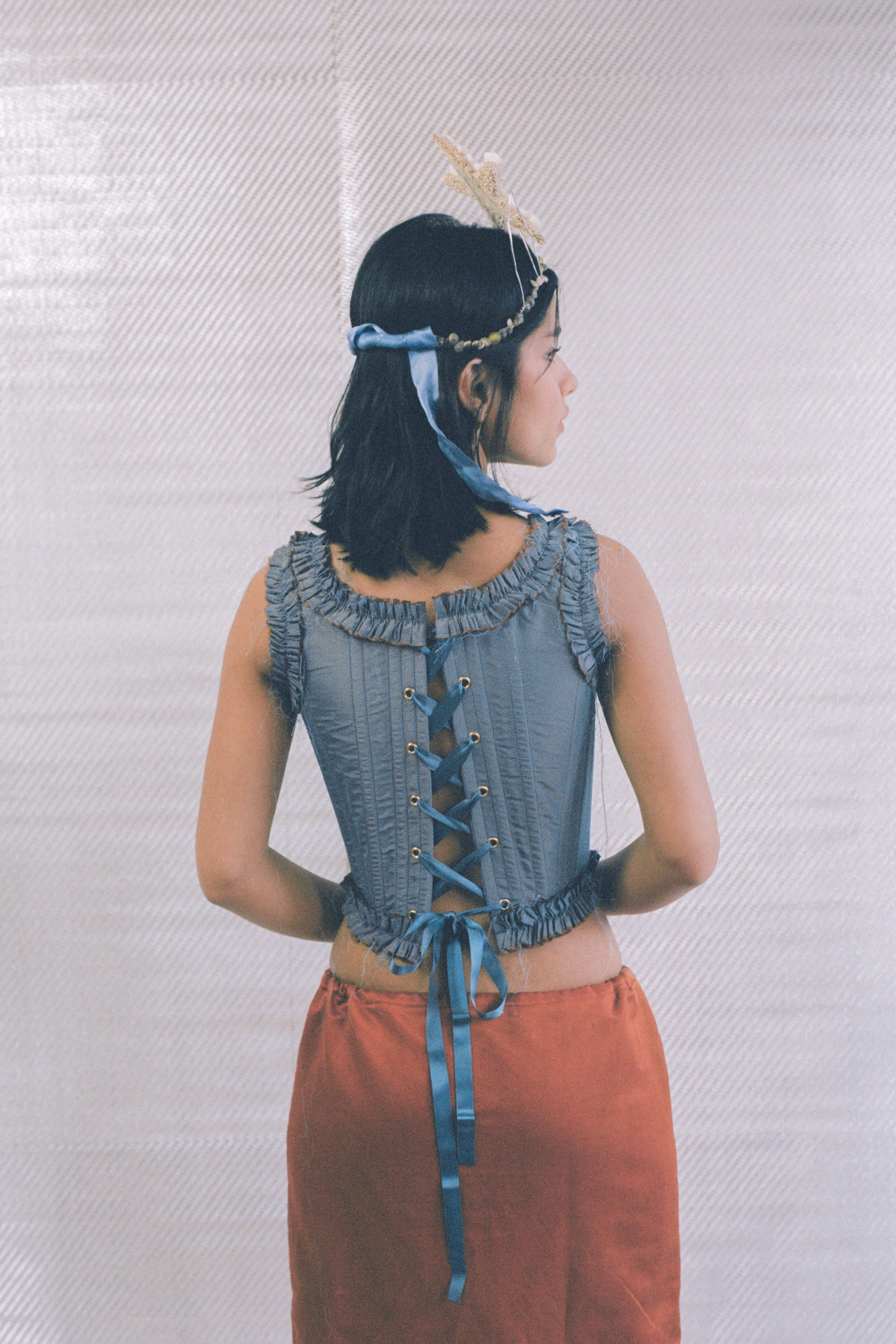 romantic blue silk opera corset with pink bow