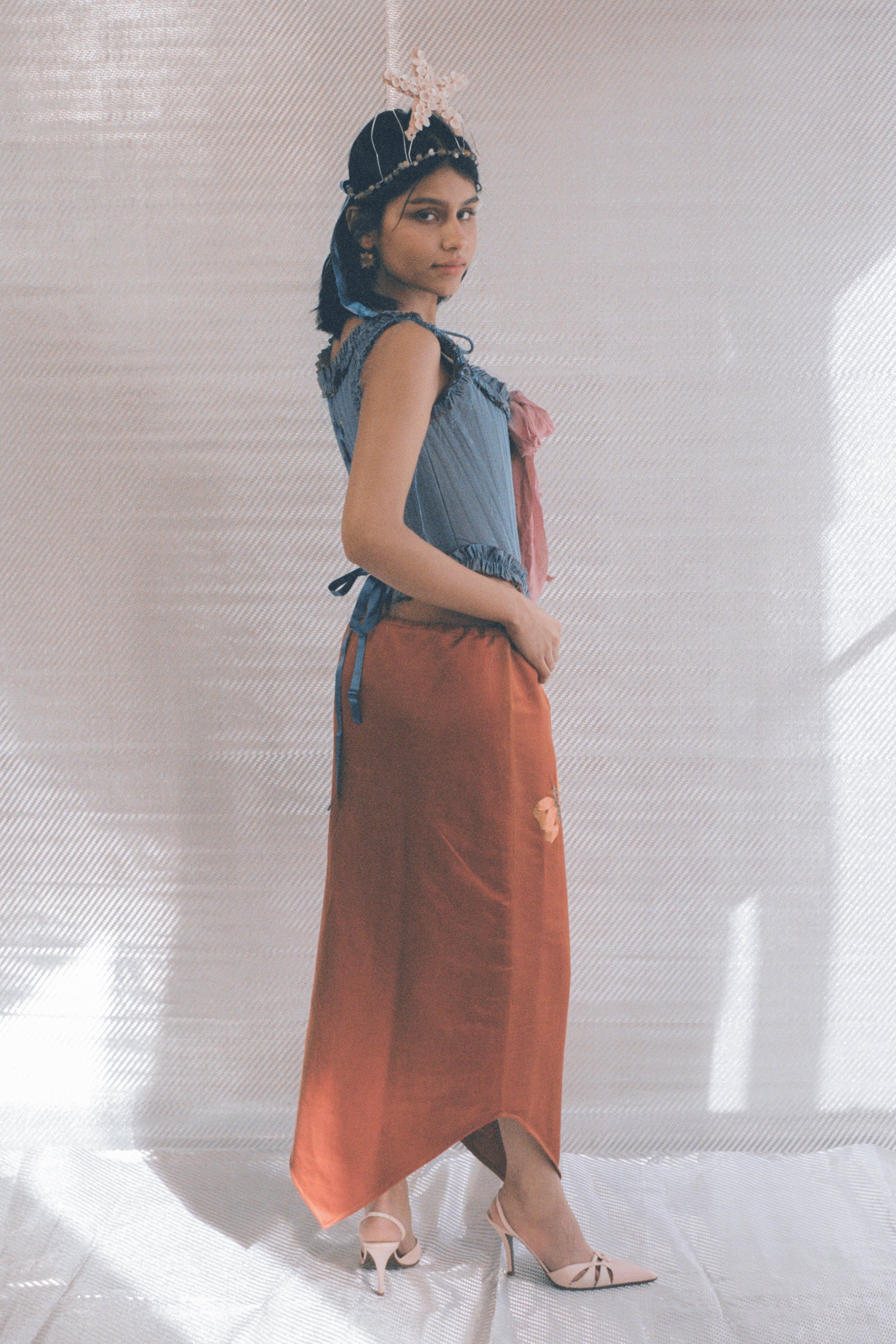 romantic blue silk opera corset with pink bow