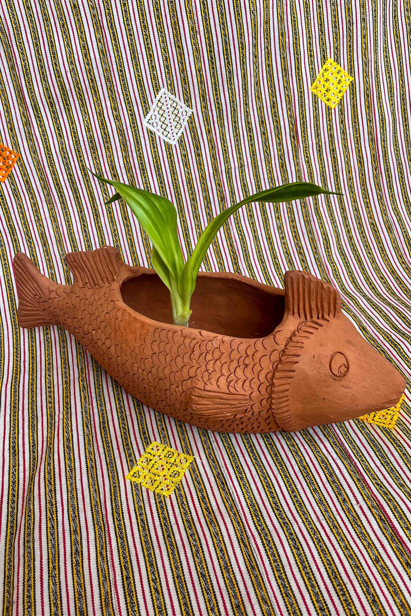 Oaxacan red clay wide fish scale planter