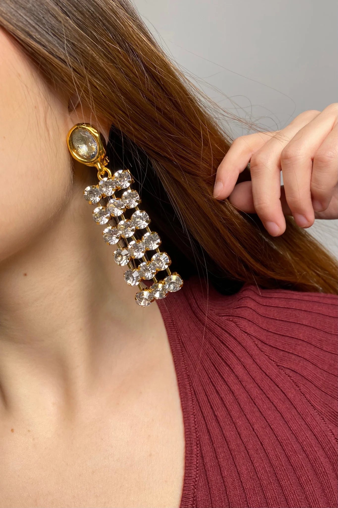 18k plated clip on earrings with crystal chain
