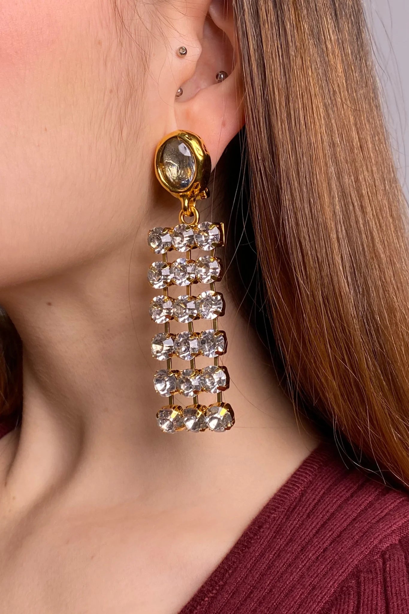 18k plated clip on earrings with crystal chain