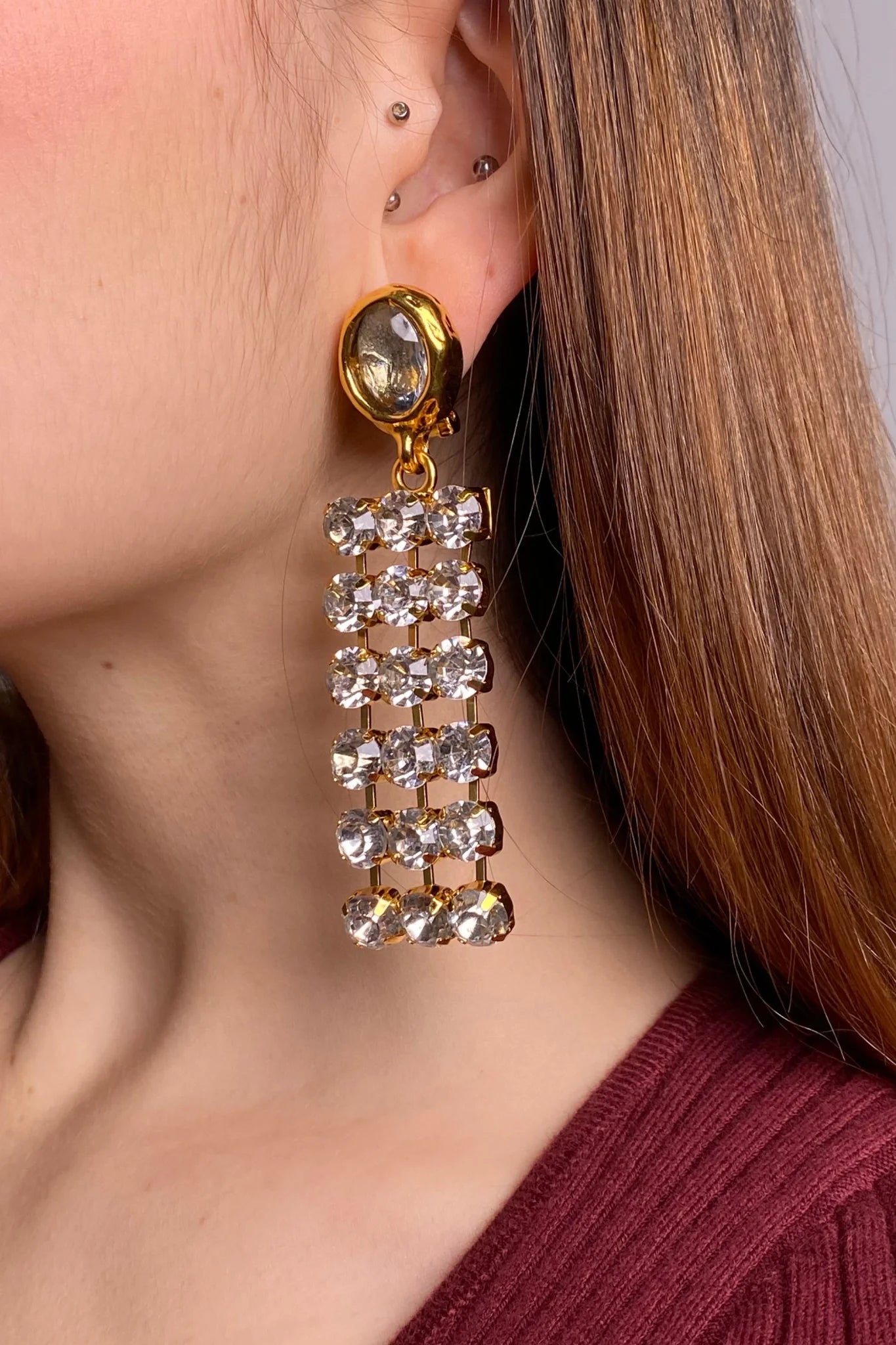 18k plated clip on earrings with crystal chain