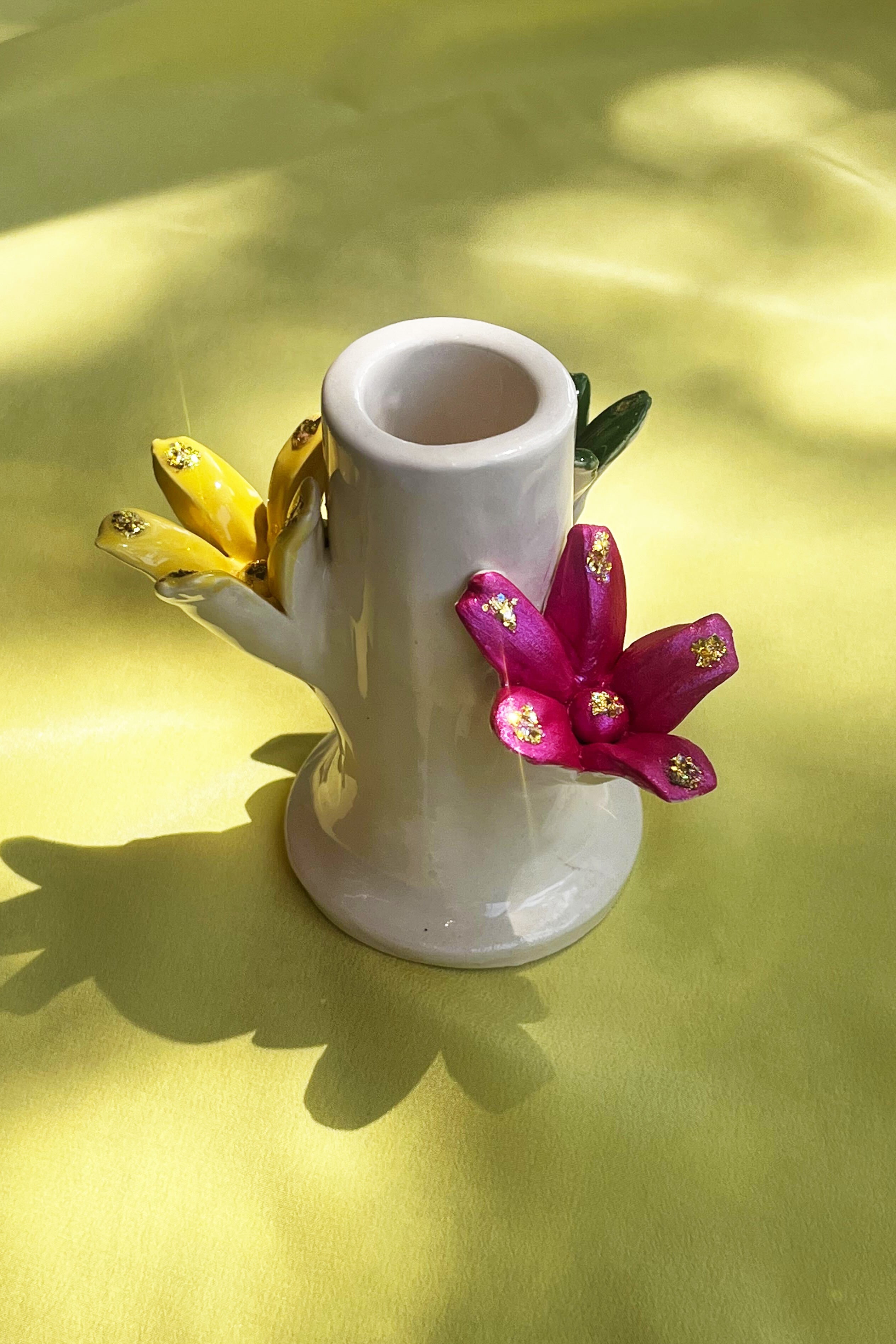 ceramic glazed candleholder in white with multi leaves
