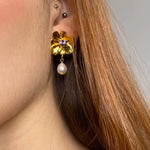 Gold plated flower earrings with violet stone pearl