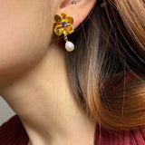 Gold plated flower earrings with violet stone pearl