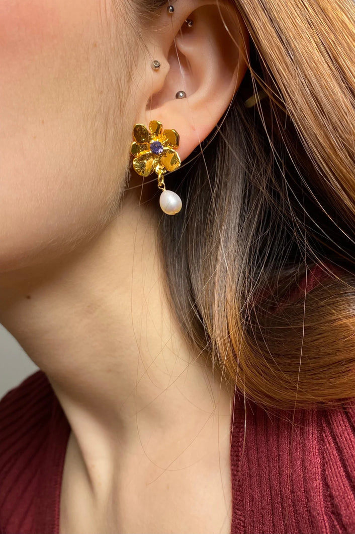 Gold plated flower earrings with violet stone dropped pearl