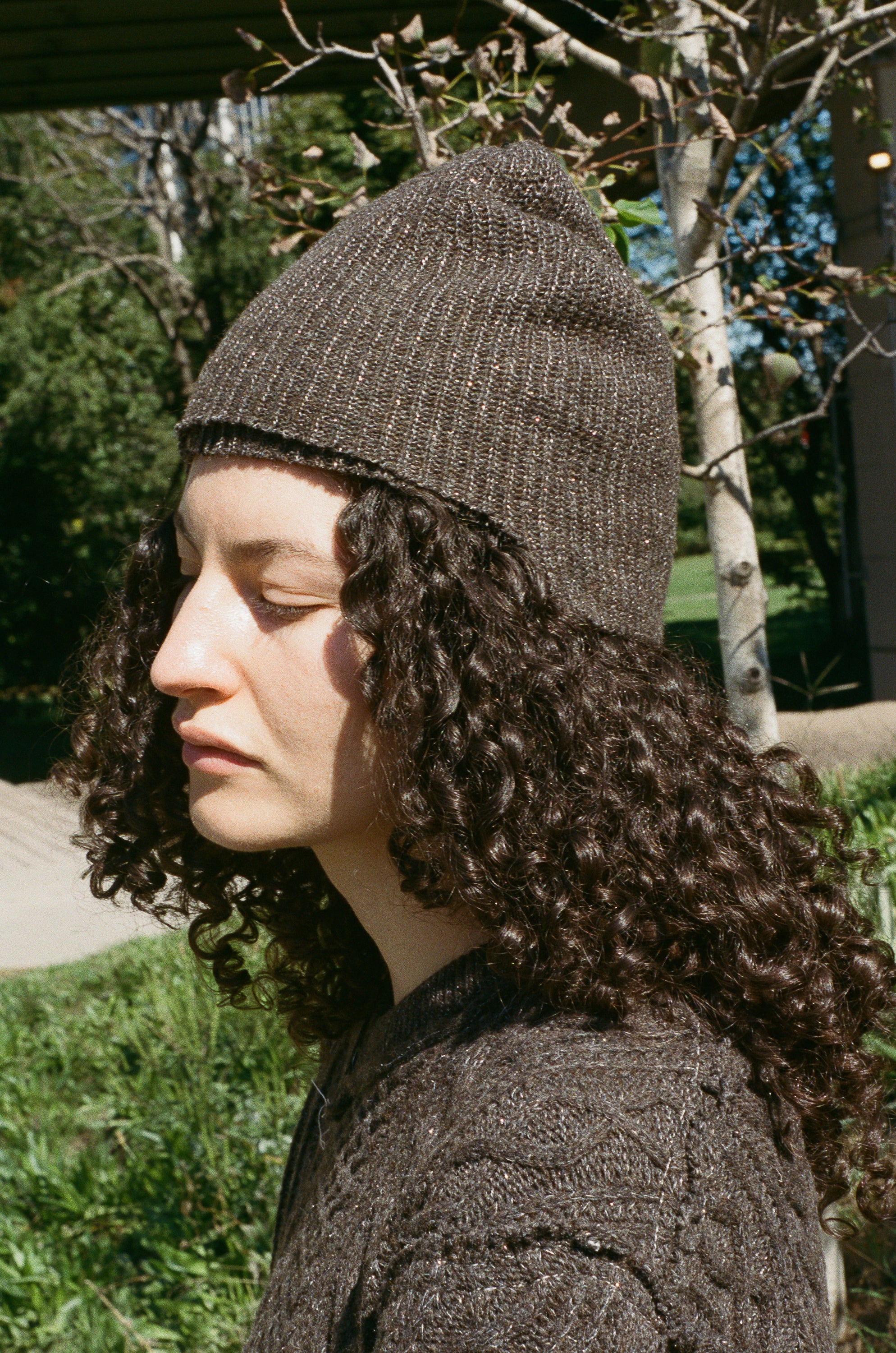 brown silver glitter lambswool fitted beanie