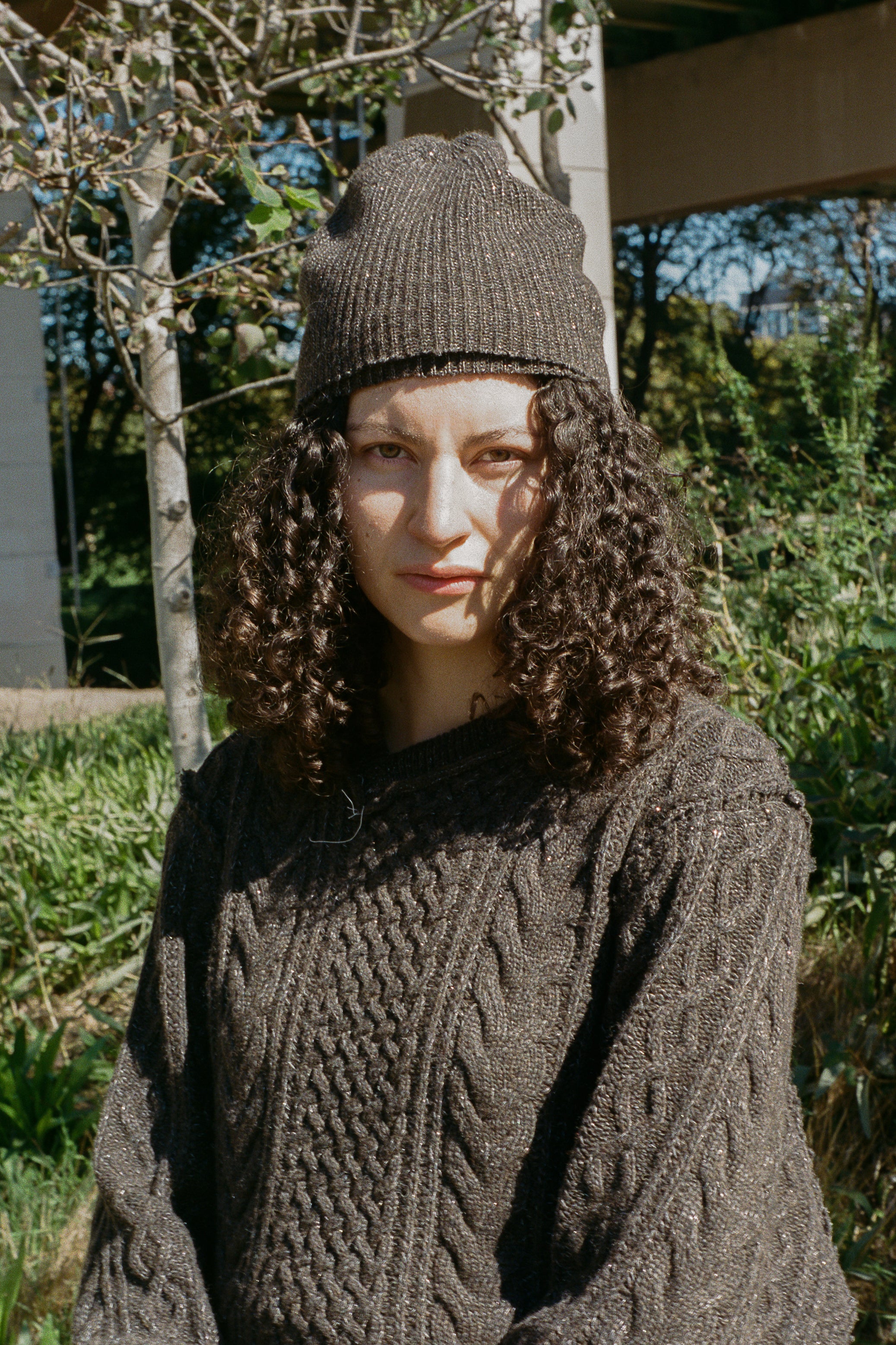 brown silver glitter lambswool fitted beanie