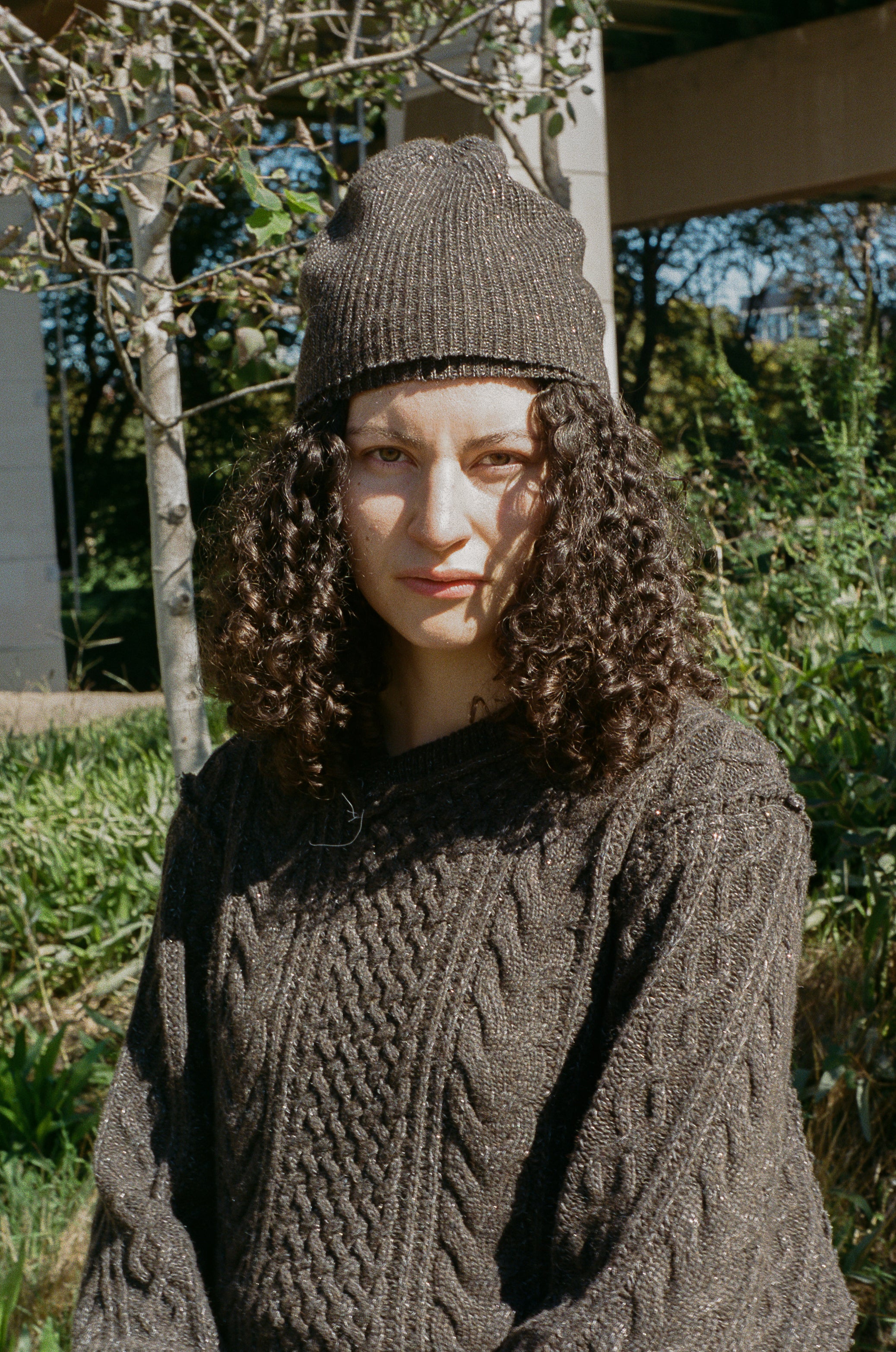 brown silver glitter lambswool fitted beanie