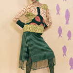 dark green striped cotton midi skirt fringed hem