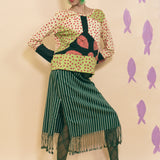 dark green striped cotton midi skirt fringed hem