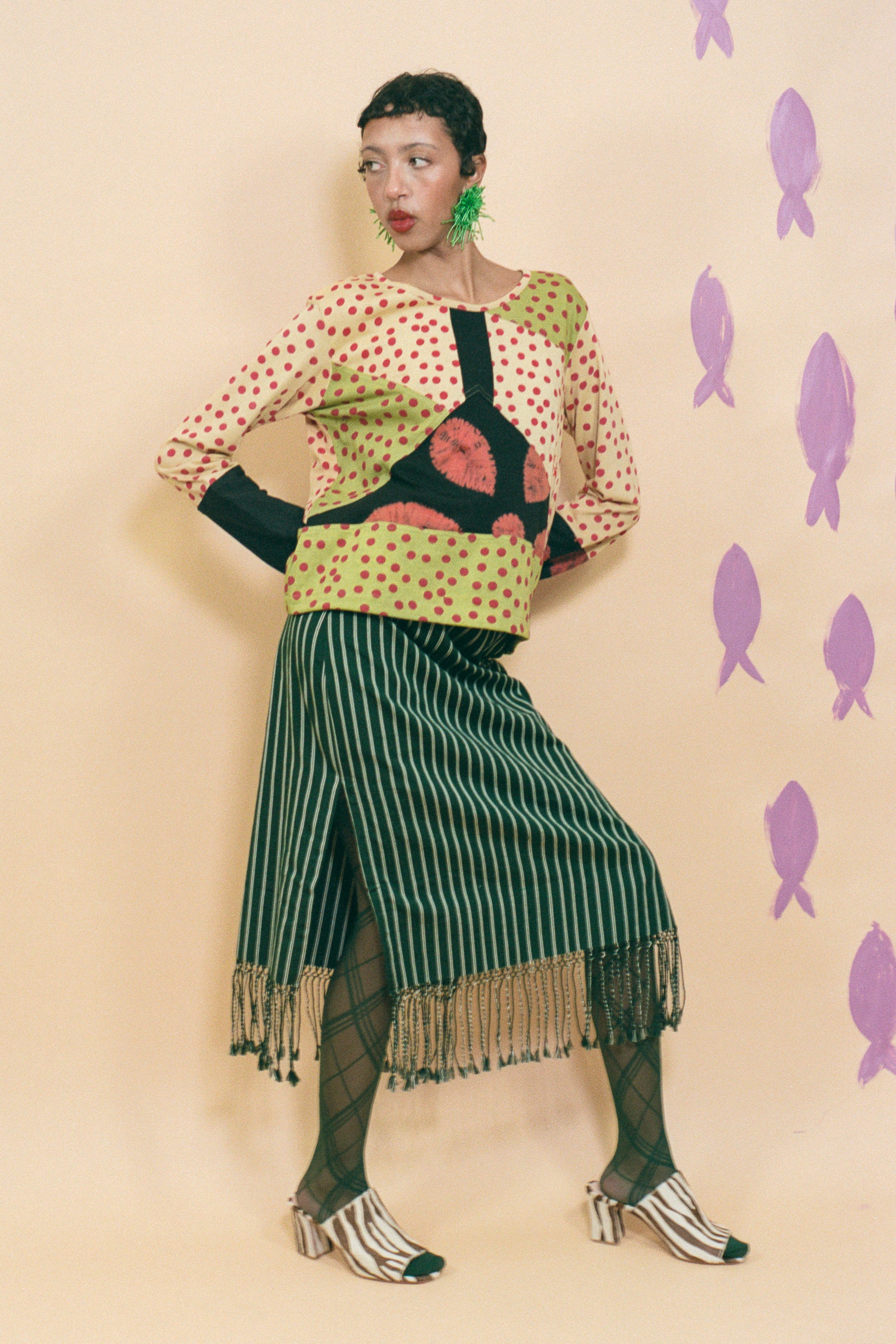 dark green striped cotton midi skirt fringed hem