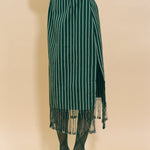 dark green striped cotton midi skirt fringed hem