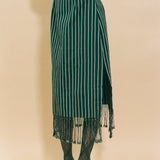 dark green striped cotton midi skirt fringed hem