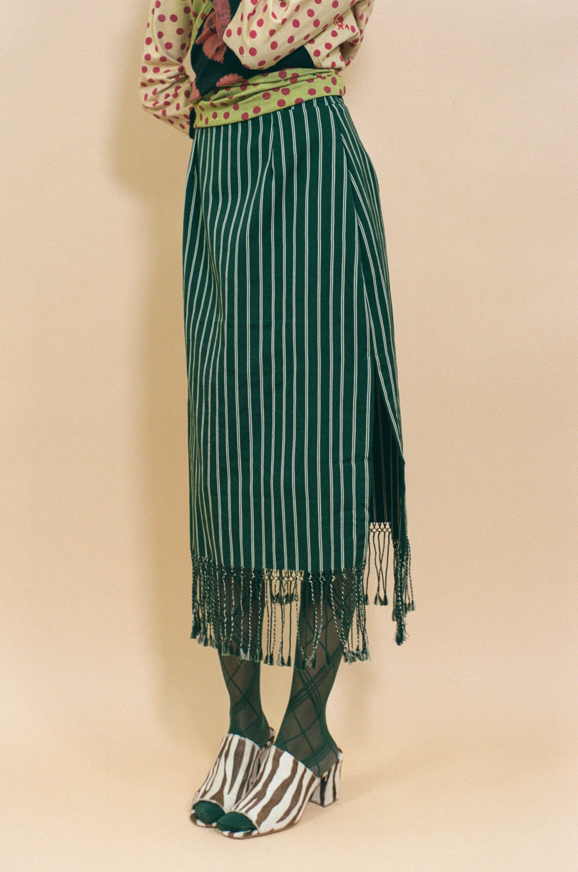 dark green striped cotton midi skirt fringed hem