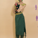 dark green striped cotton midi skirt fringed hem