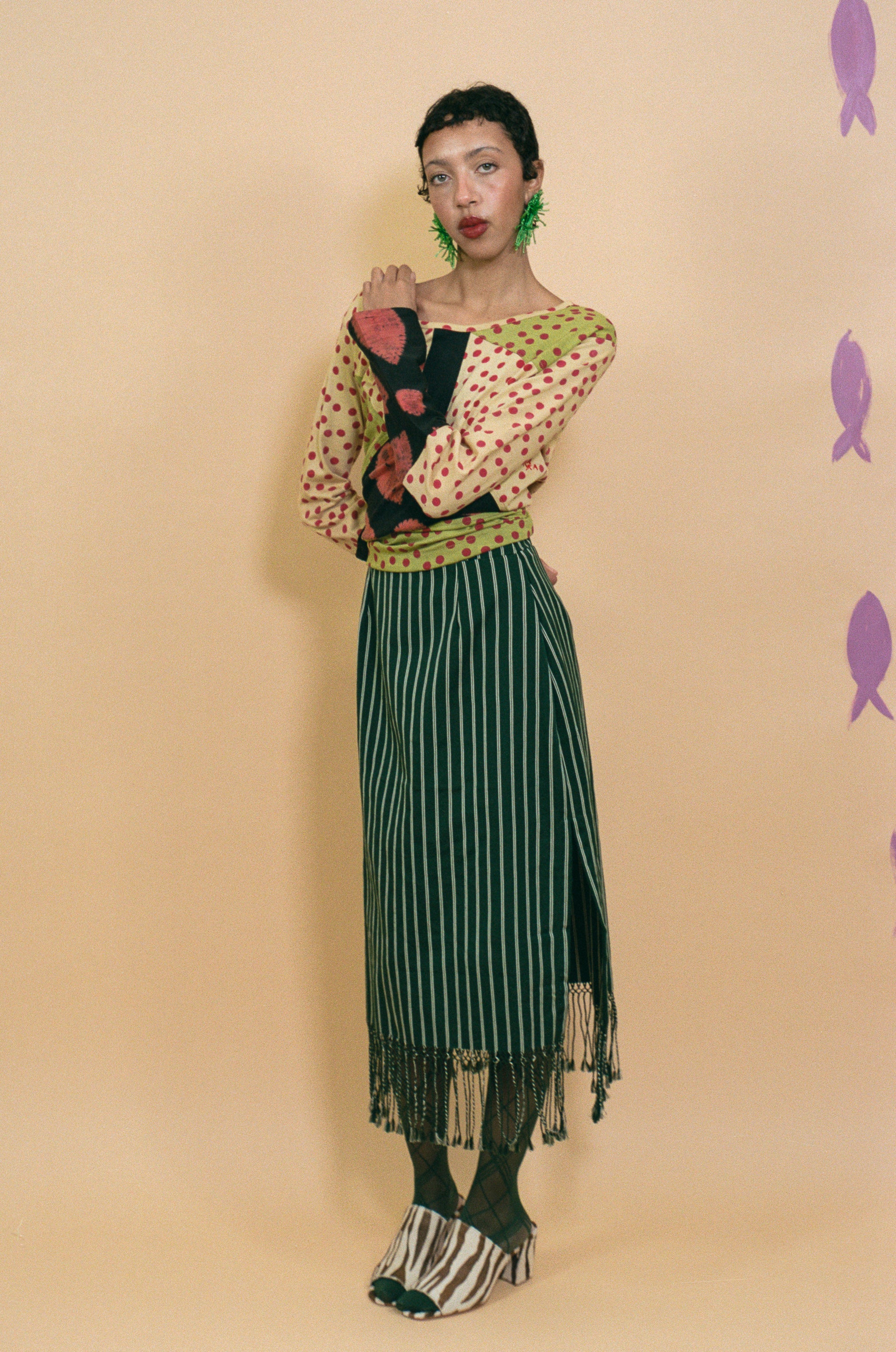 dark green striped cotton midi skirt fringed hem