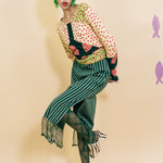 dark green striped cotton midi skirt fringed hem