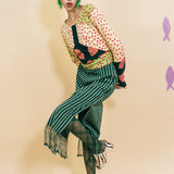 dark green striped cotton midi skirt fringed hem