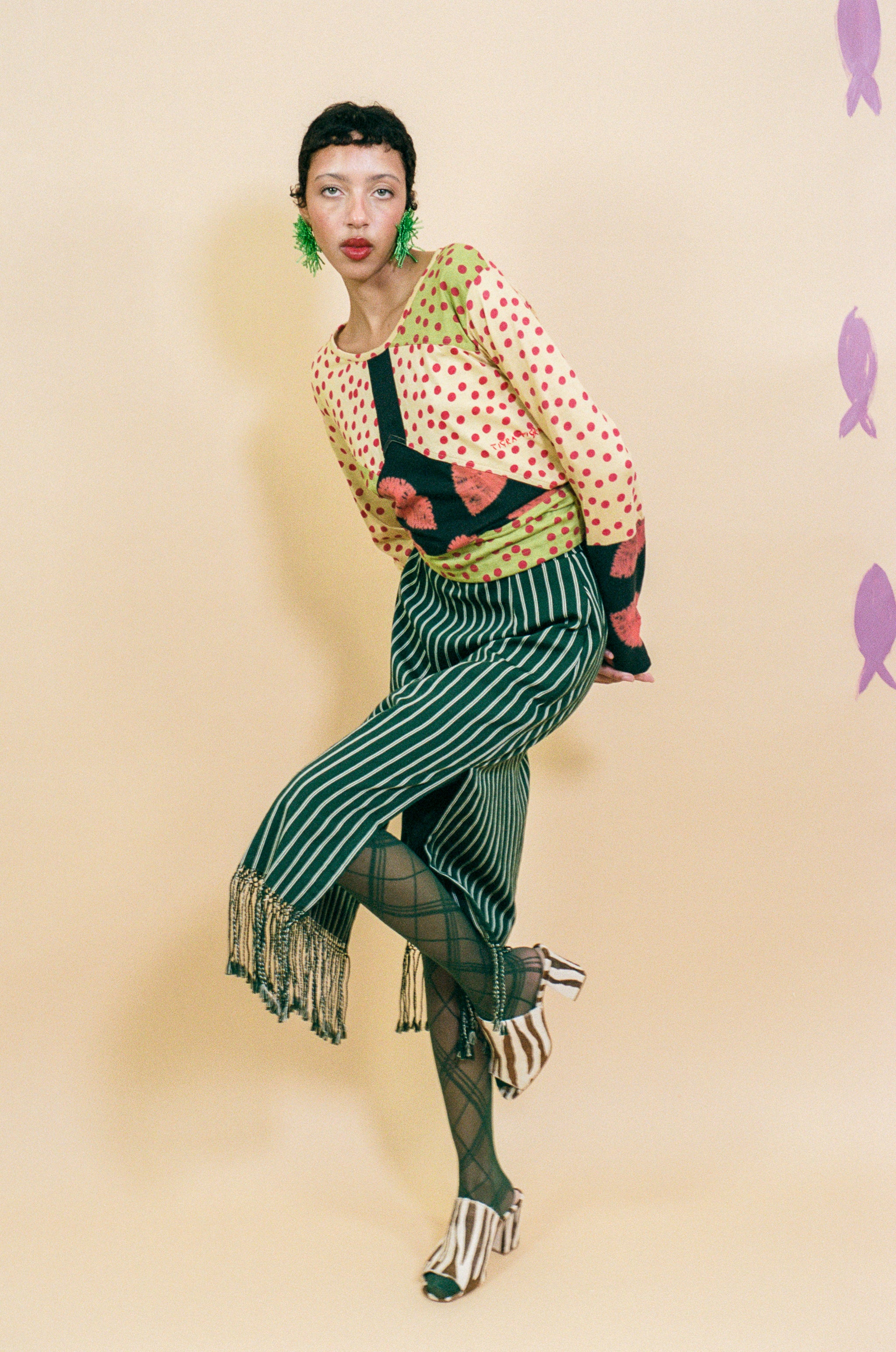 dark green striped cotton midi skirt fringed hem