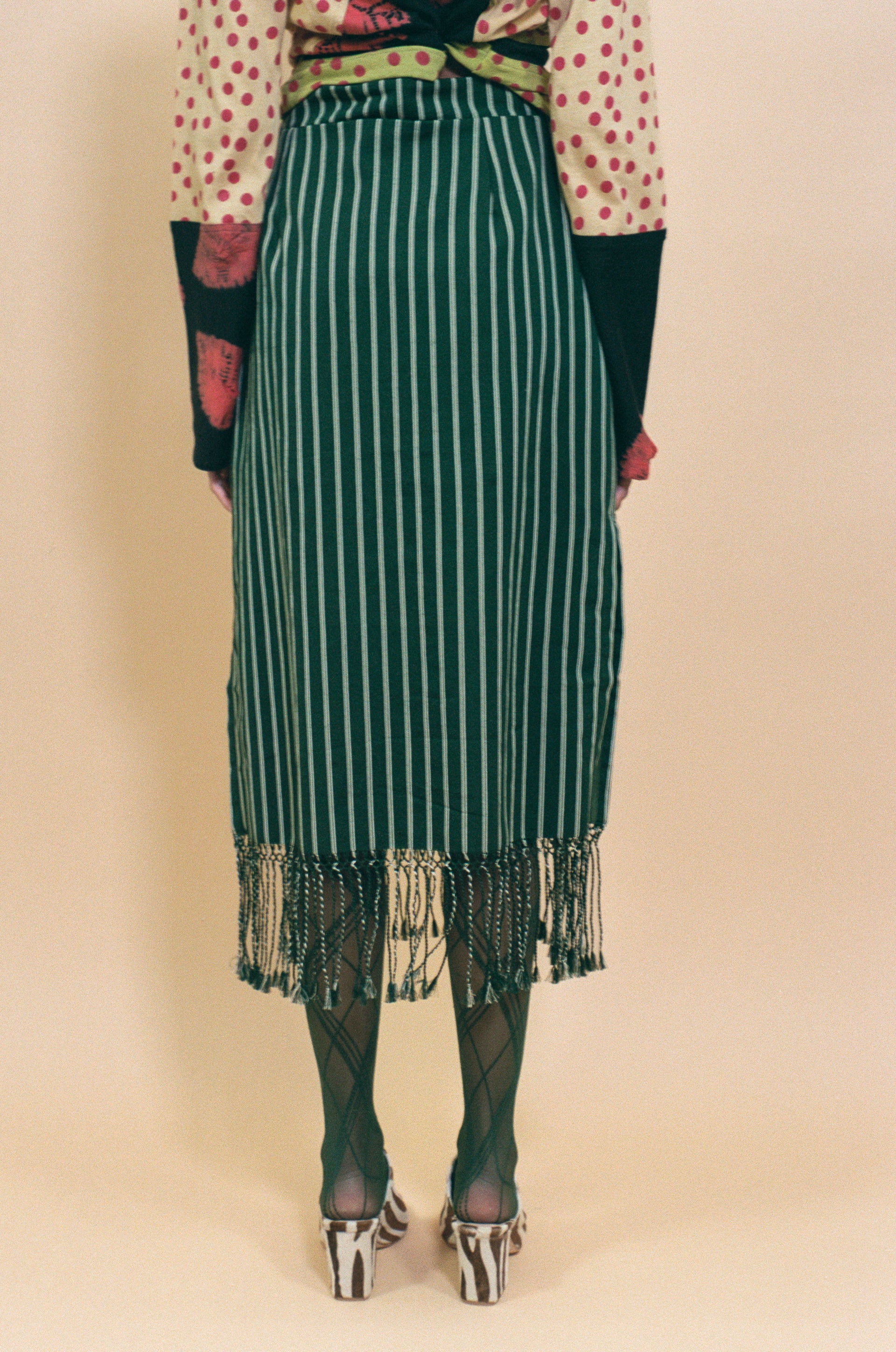 dark green striped cotton midi skirt fringed hem