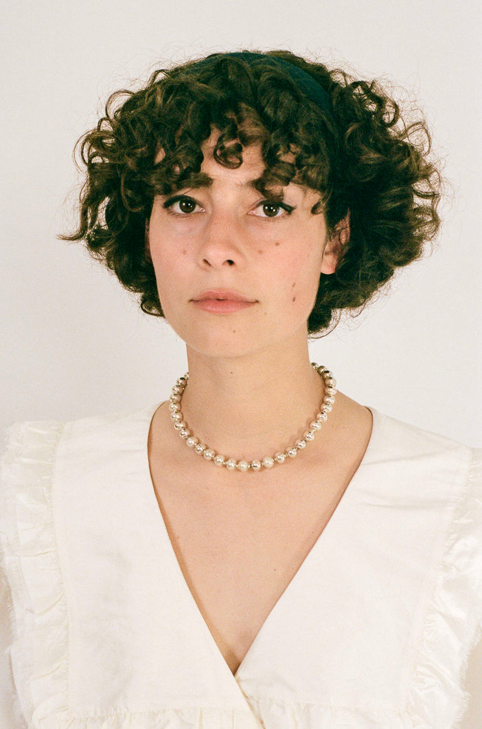 large silver circular beaded choker necklace