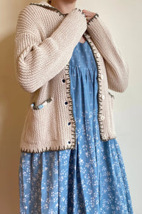 beige collard cardigan with crochet details