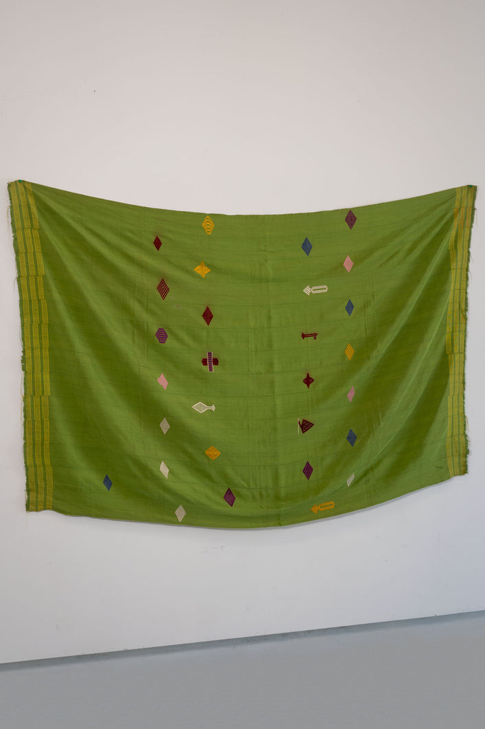 VINTAGE EWE KENTE IN GREEN WITH PINK/MAROON/YELLOW SYMBOLS