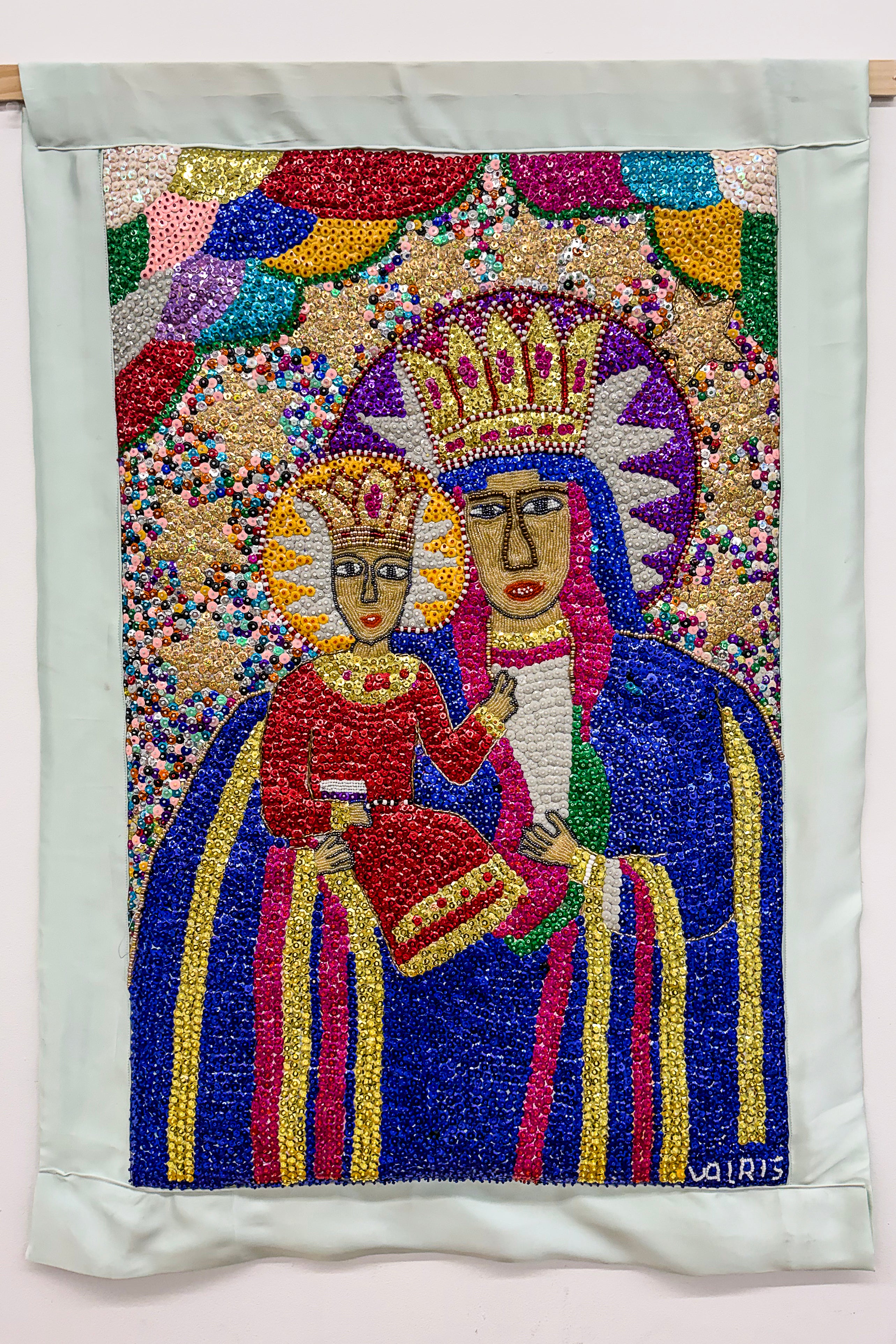 hand beaded sequinned mother and child drapeau
