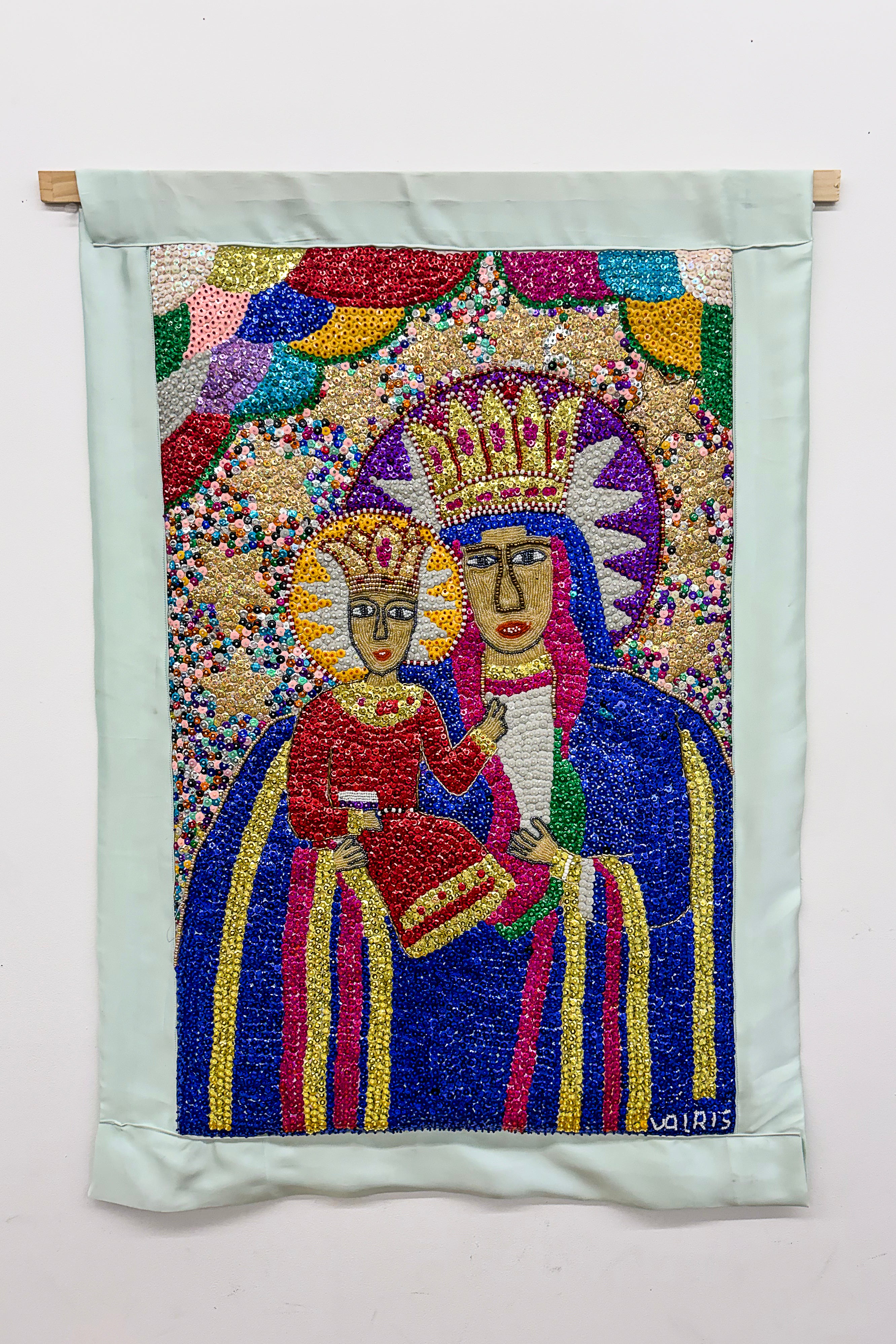 hand beaded sequinned mother and child drapeau