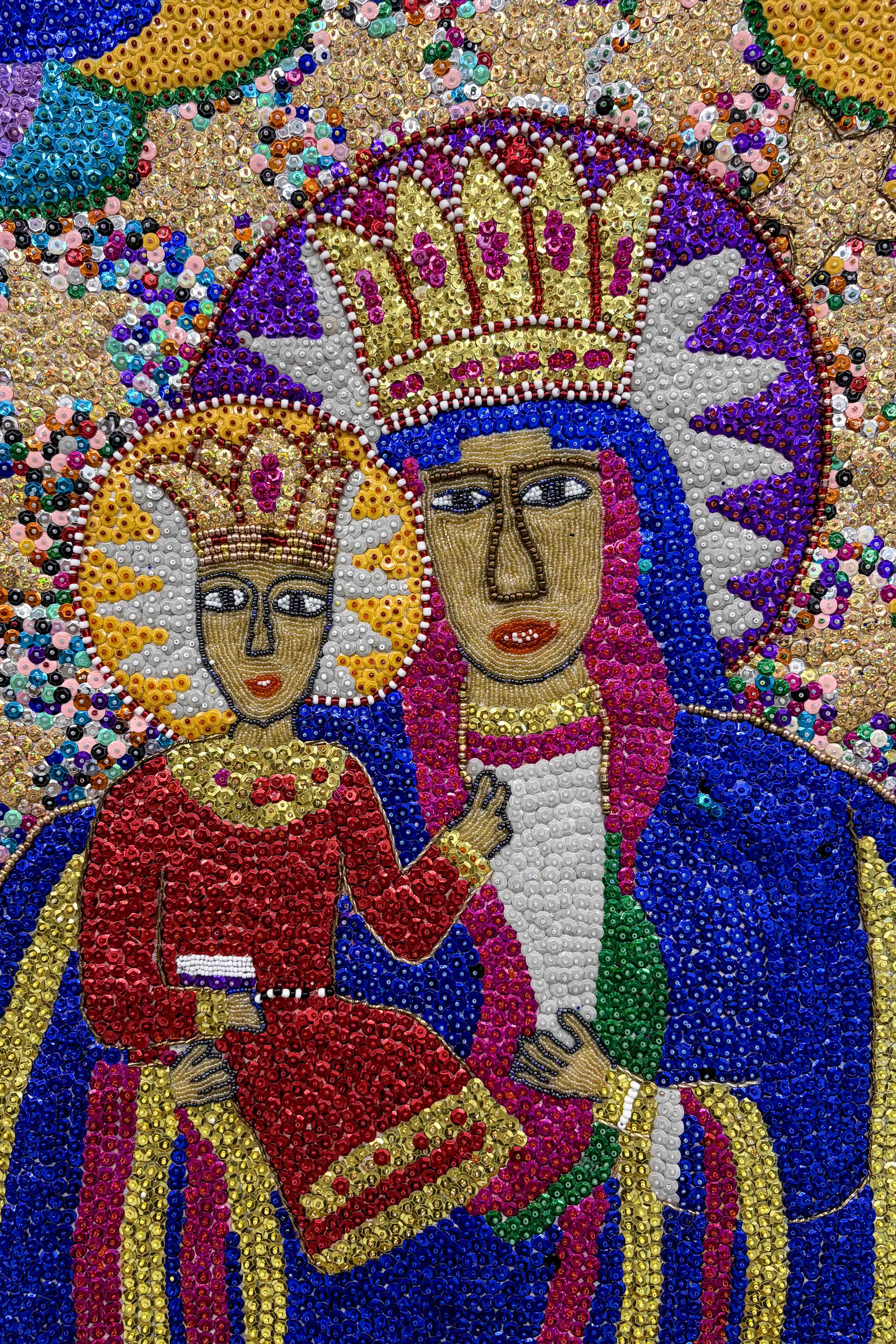 hand beaded sequinned mother and child drapeau