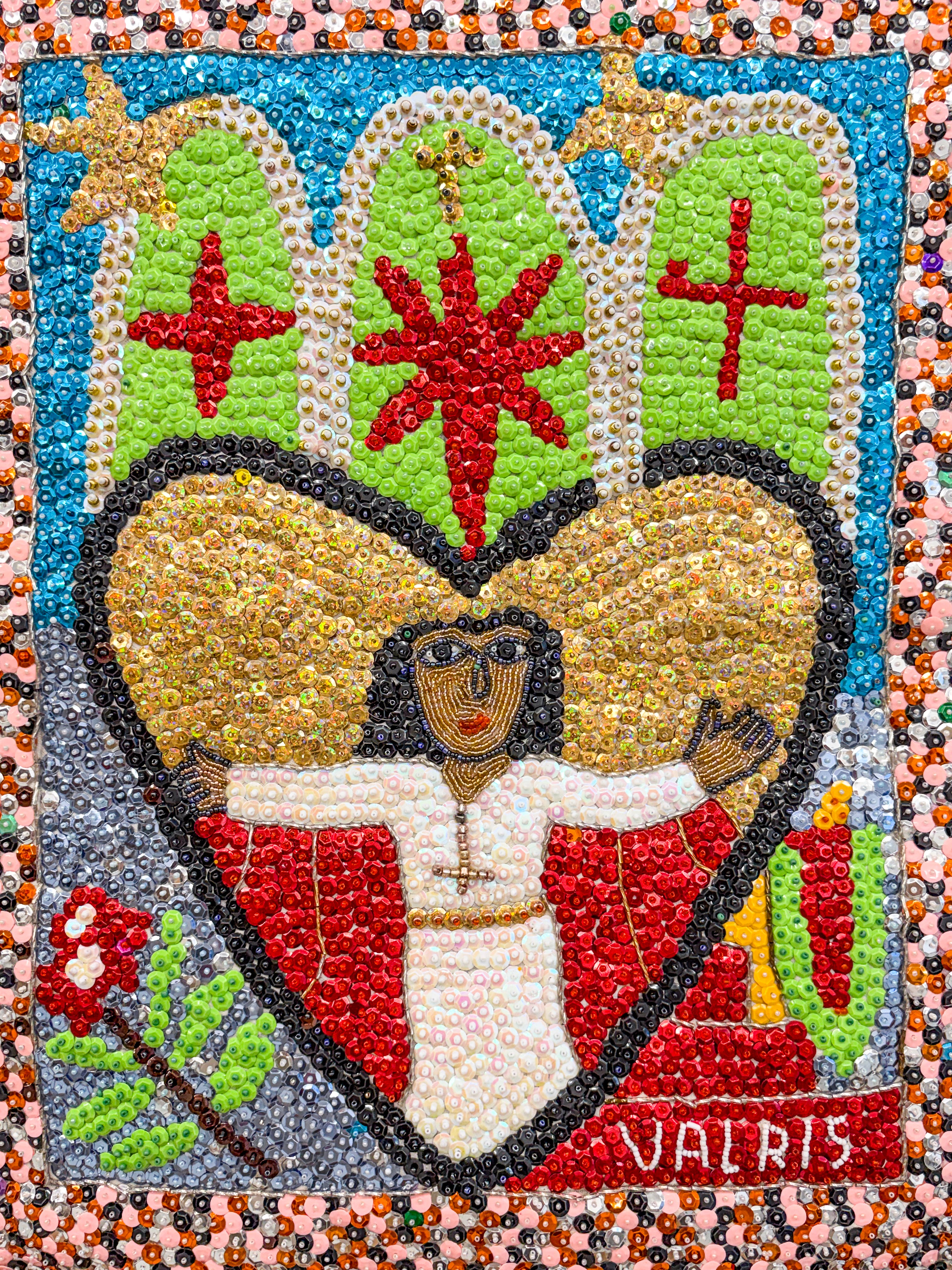 hand beaded sequinned divine feminine drapeau