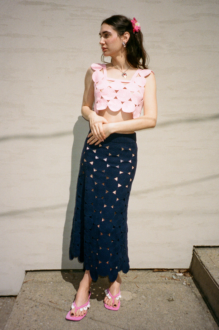 A line cotton maxi skirt in navy crochet