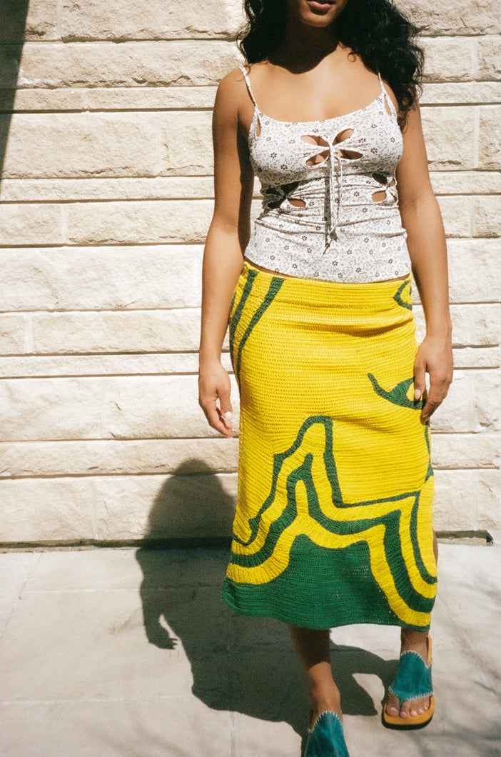cotton crochet pencil skirt in green and yellow