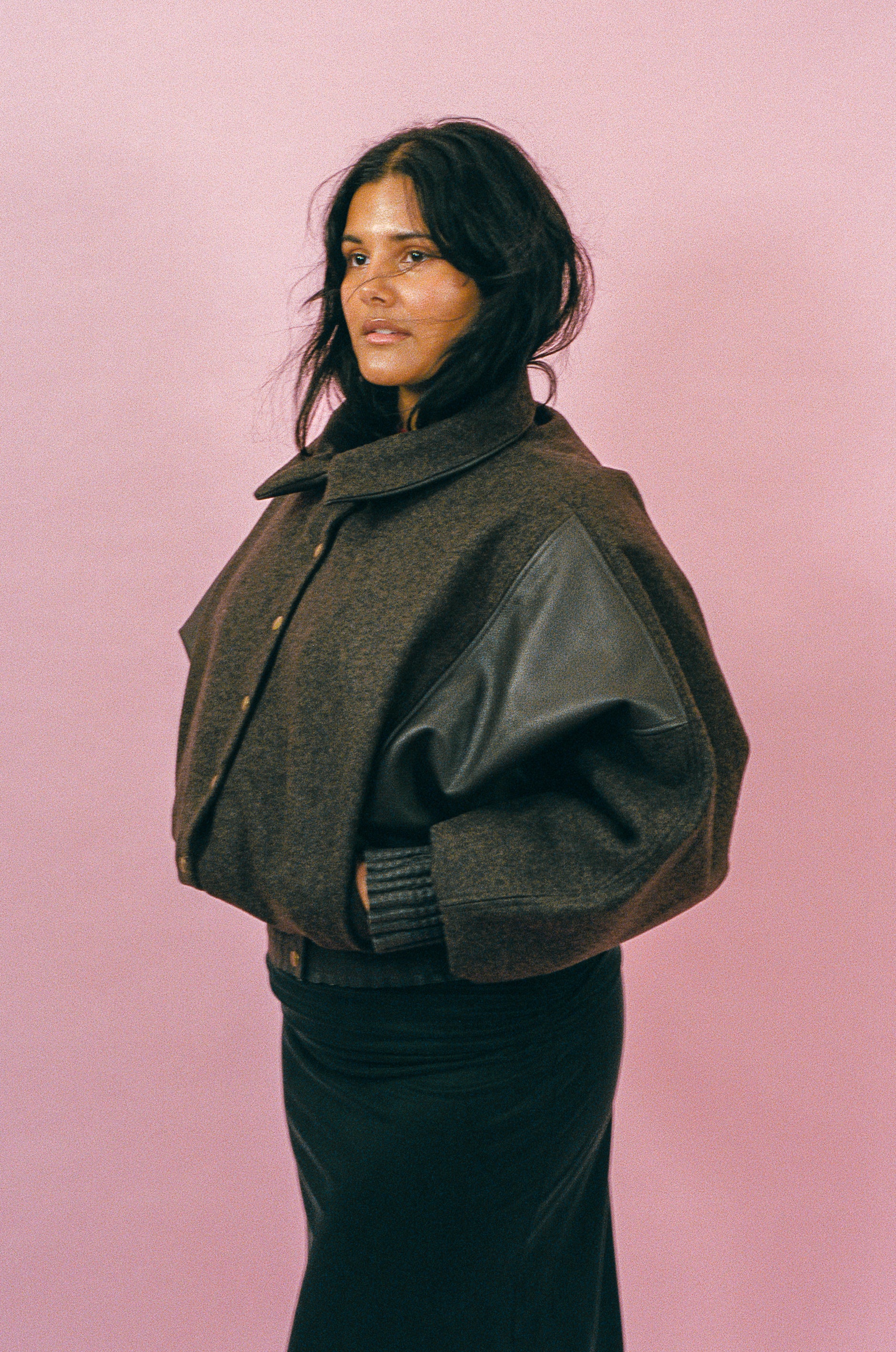 brown wool leather oversized bomber jacket