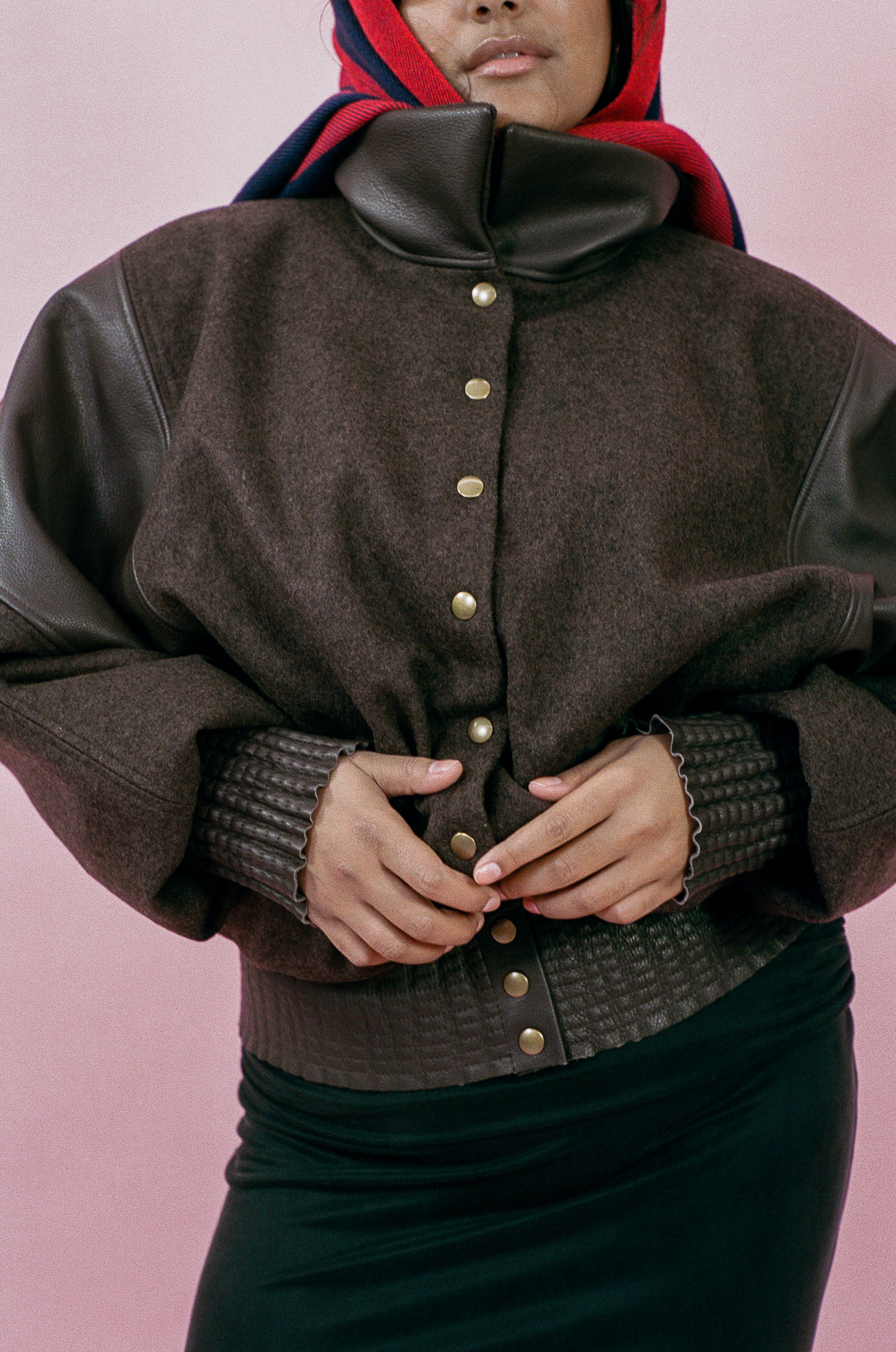 brown wool leather oversized bomber jacket