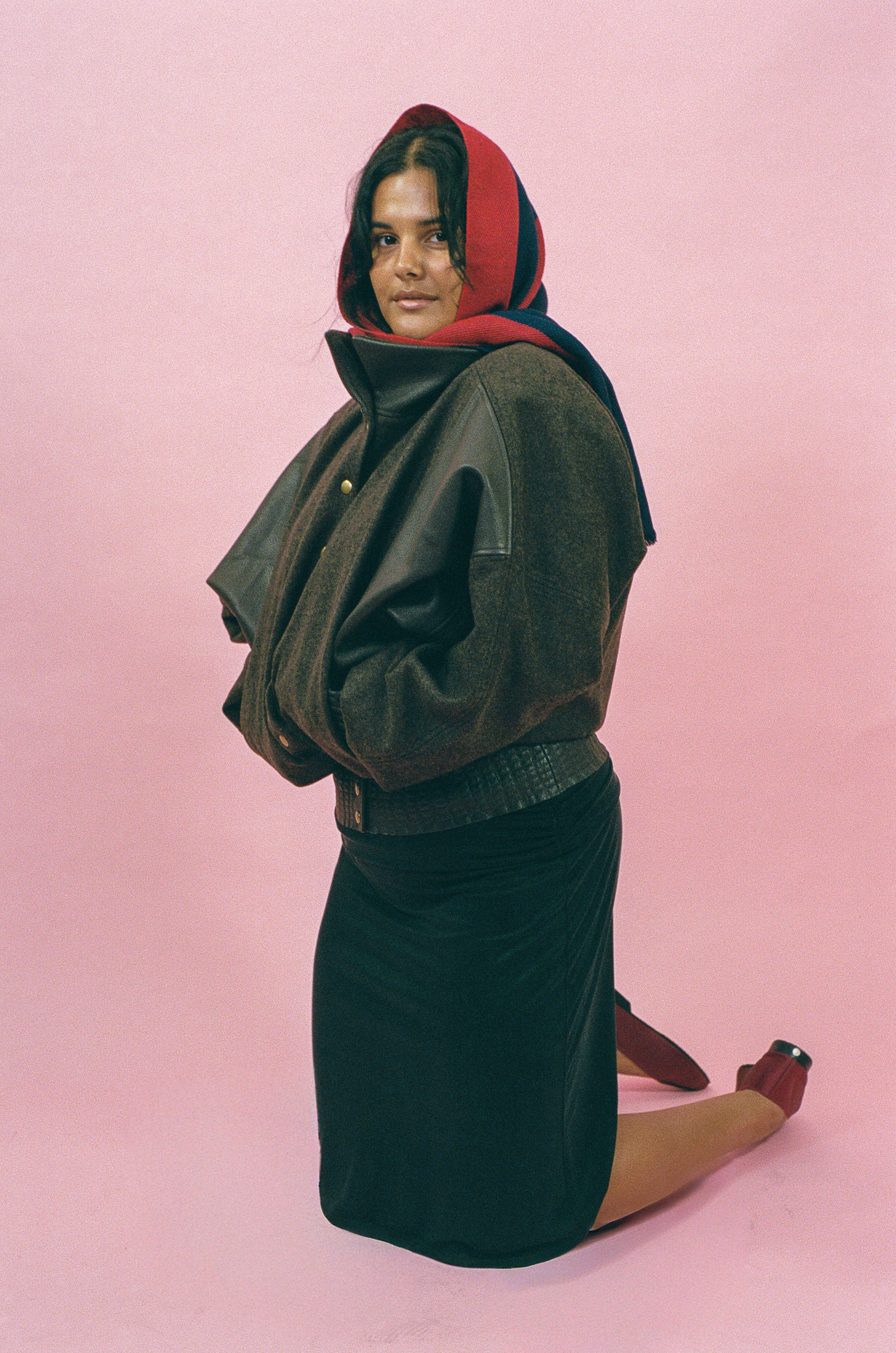 brown wool leather oversized bomber jacket