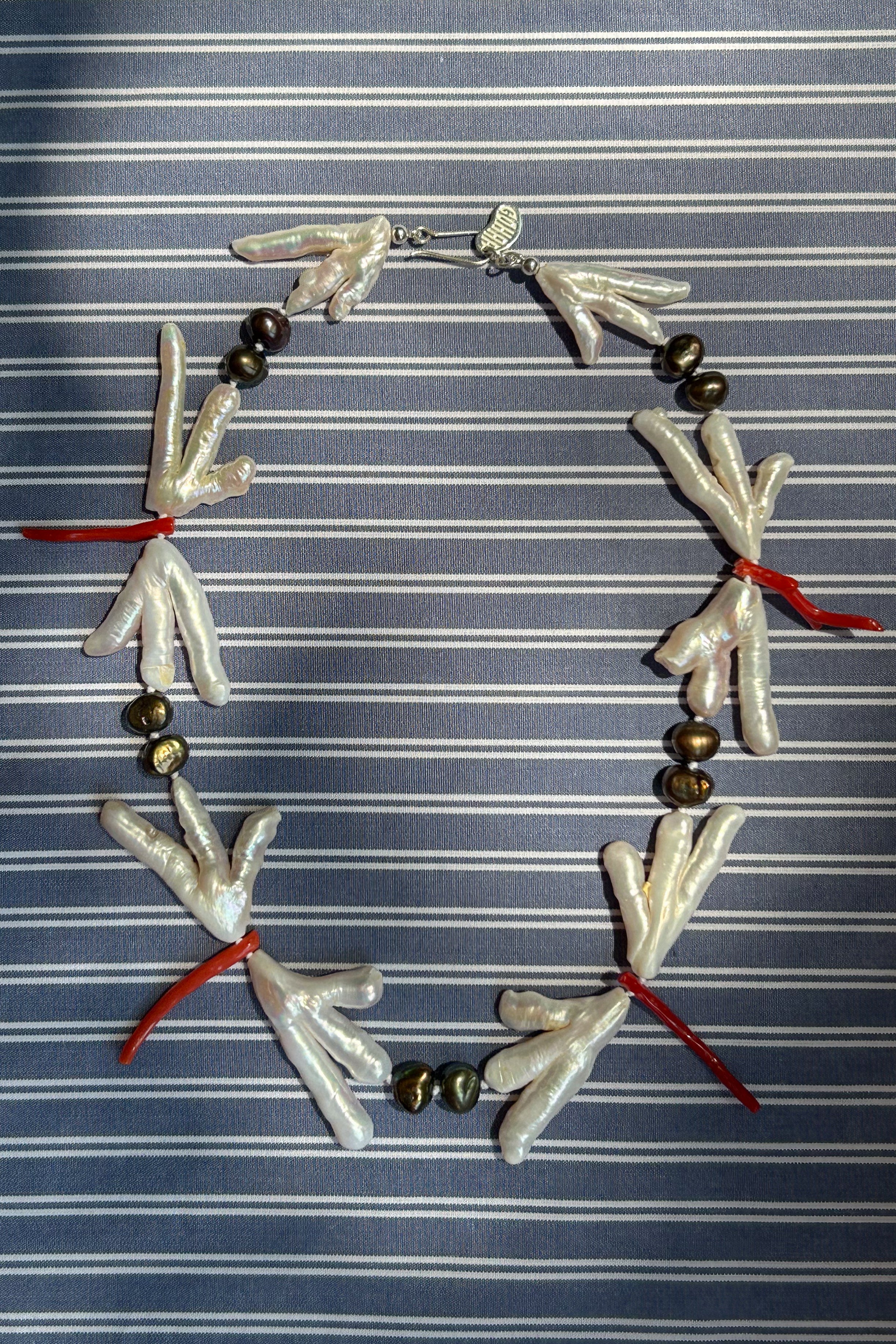 pearl coral silk strung dragonfly choker necklace