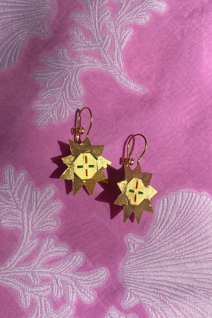 hand painted gold plated silver sun halo earrings