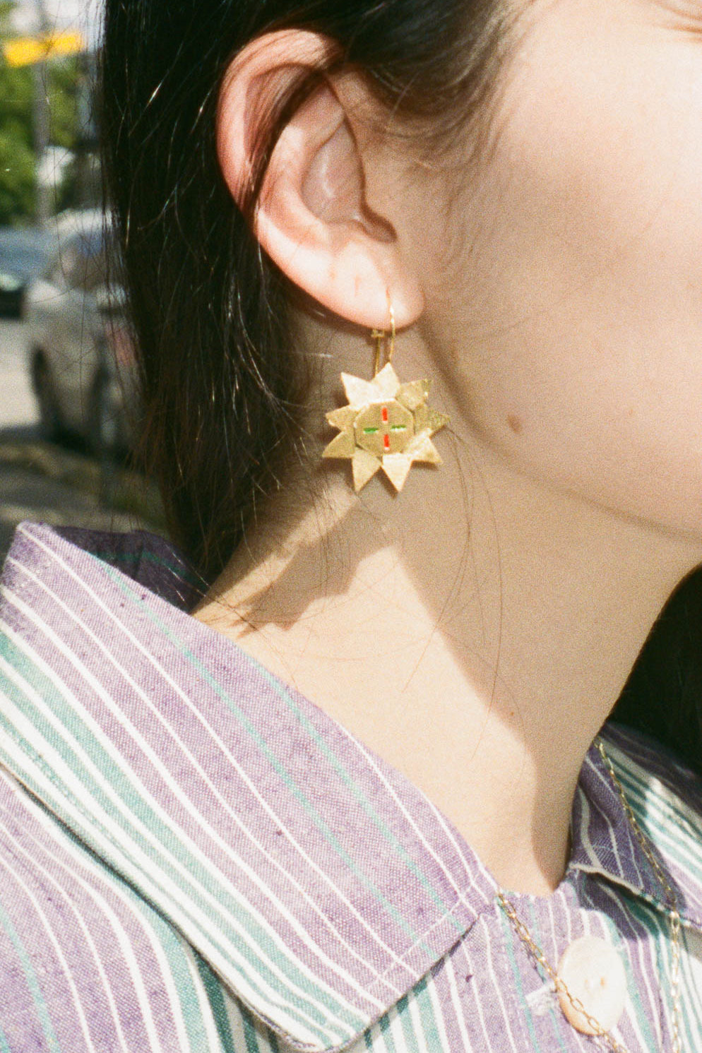 hand painted gold plated silver sun halo earrings