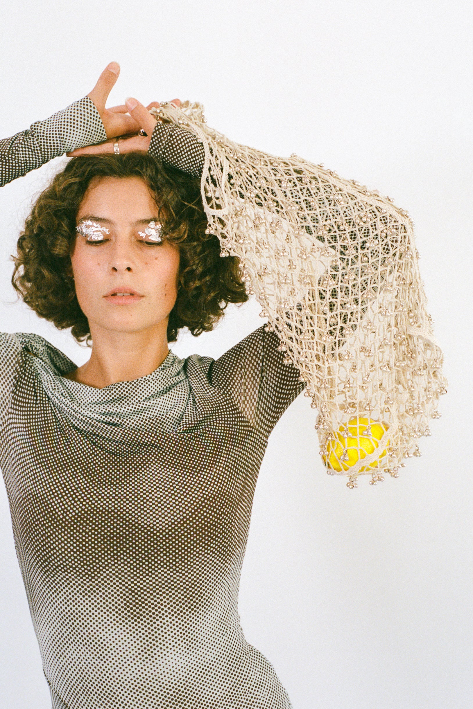 cream cotton netted beaded bell hand bag