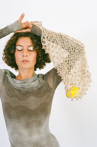 cream cotton netted beaded bell hand bag