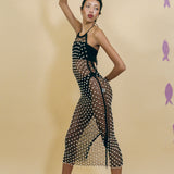 black cotton crochet halter dress with beaded bells